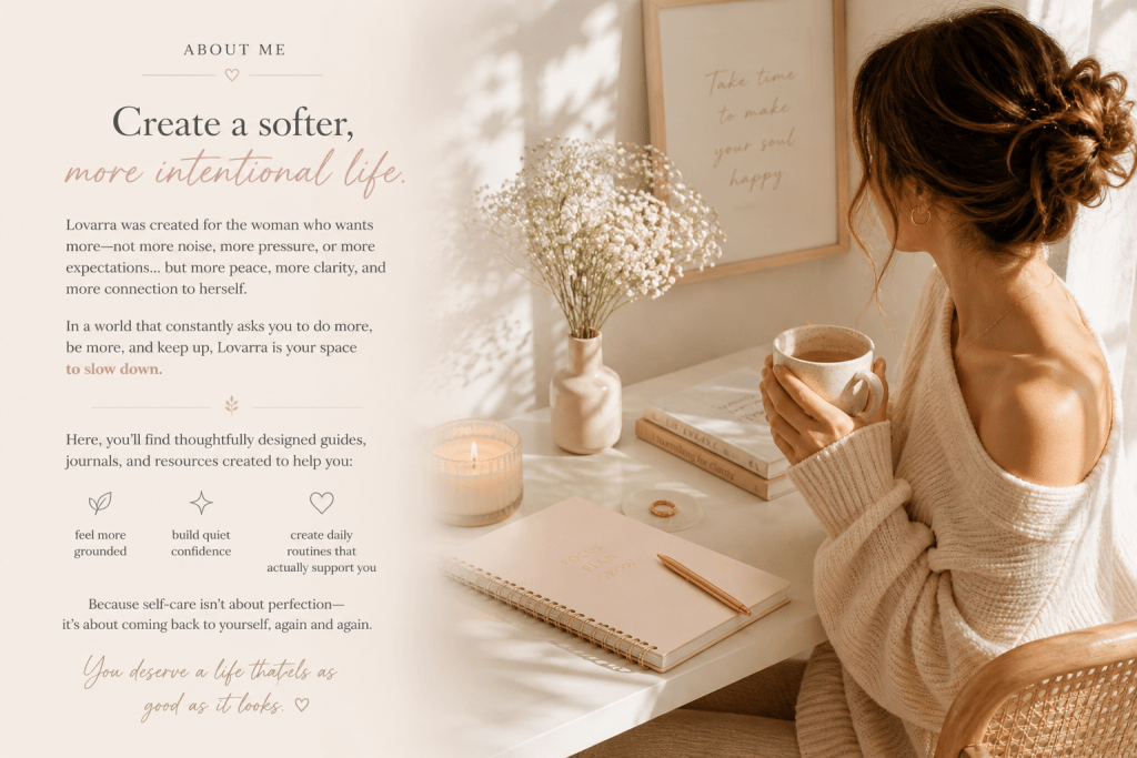 A woman sitting comfortably at a desk, wearing a cozy sweater and holding a mug, surrounded by soft decor including a candle and flowers. The image highlights a peaceful, intentional lifestyle.